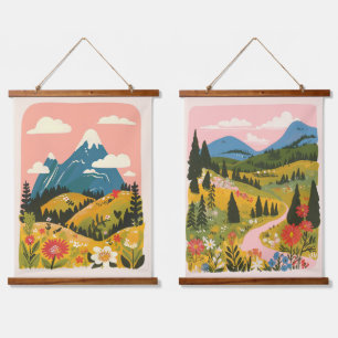 Boho Floral Mountains Landscape Illustration Hanging Tapestry