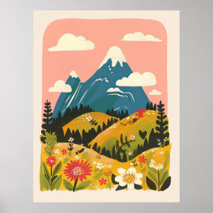 Boho Floral Mountains Landscape Illustration Poster
