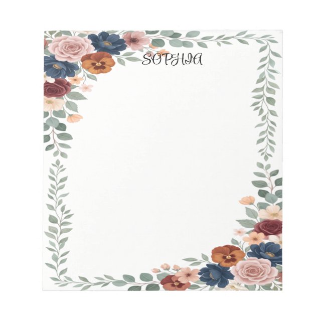 Boho Floral Navy Blue Personalised Name Notepad (Front)