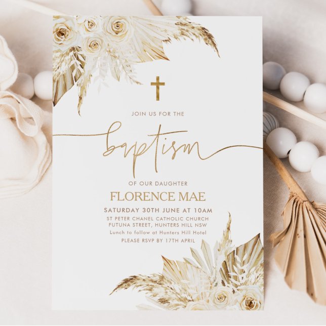 Boho Floral Neutral Girls Baptism Christening   Invitation (Boho Baptism Invitation)