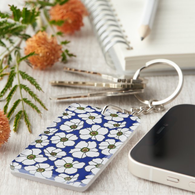 Boho Floral On Blue With Name  Key Ring (Front Right)