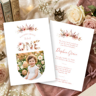 Boho Floral One Word Pink First Birthday  Invitation