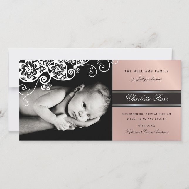 Boho Floral Paisley Baby Girl Birth Announcement (Front)