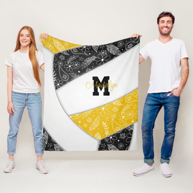 boho floral paisley feathers black gold volleyball fleece blanket (In Situ)