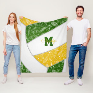 boho floral paisley feathers green gold volleyball fleece blanket