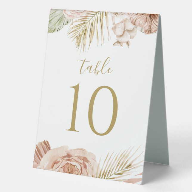 Boho Floral, Palm and Pampas wedding Table Number (Front)