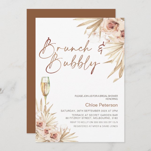 Boho Floral Palm Brunch Bubbly Bridal Shower Invitation (Front/Back)