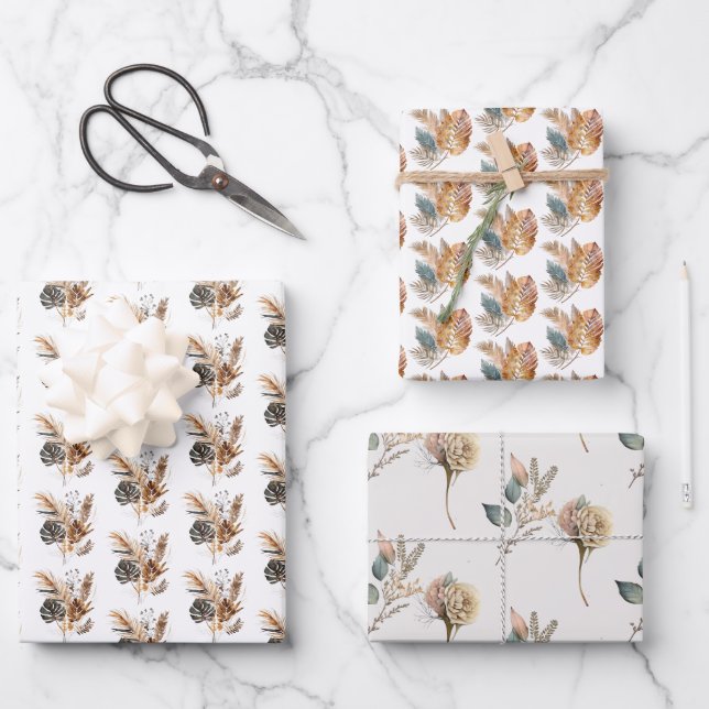 Boho Floral Palm Leaves Pampas Grass Birthday  Wrapping Paper Sheet (Front)