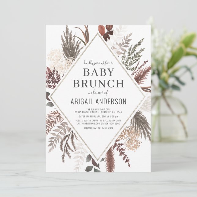 Boho Floral Pampas Grass Baby Brunch Shower  Invitation (Standing Front)