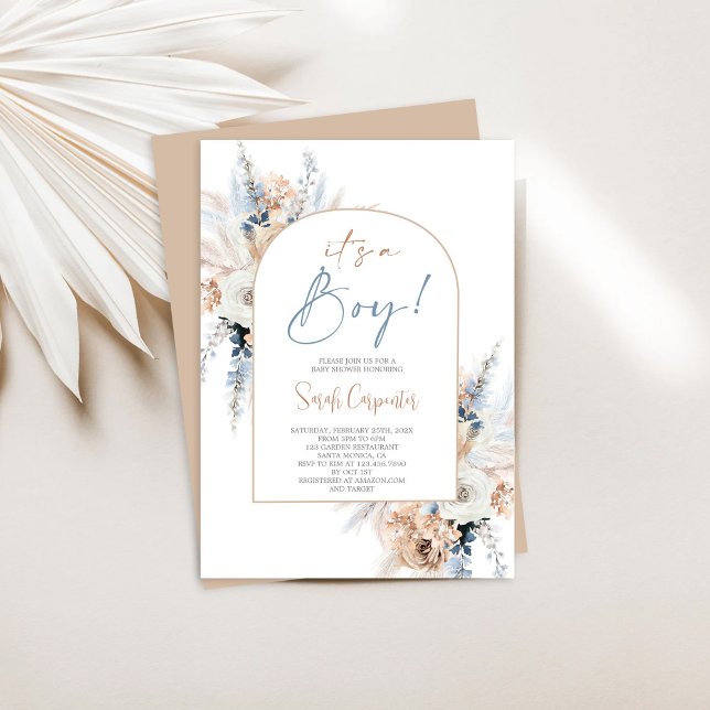 Boho Floral Pampas Grass Baby Shower Boy Invitation (Creator Uploaded)
