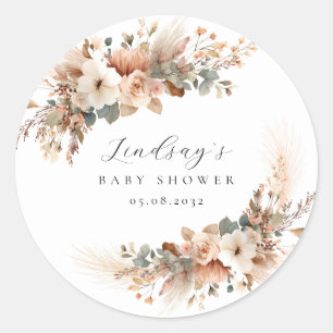 Boho Floral Pampas Grass Baby Shower Classic Round Sticker