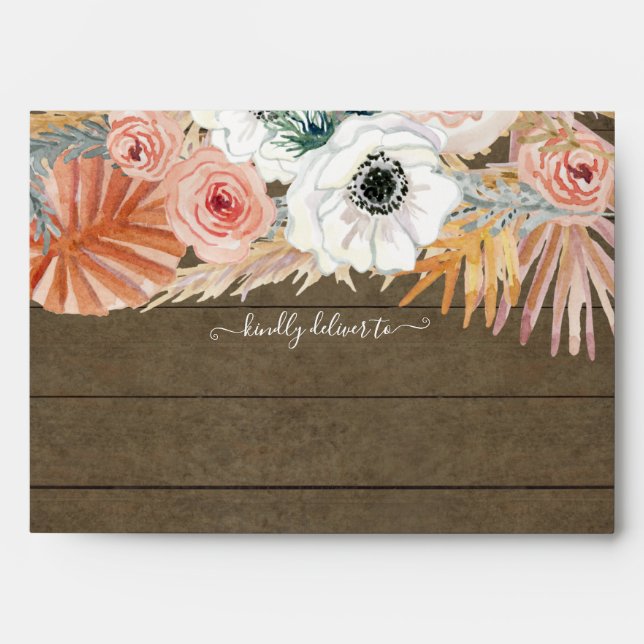 Boho Floral Pampas Grass Blush Rustic Wood Envelope (Front)