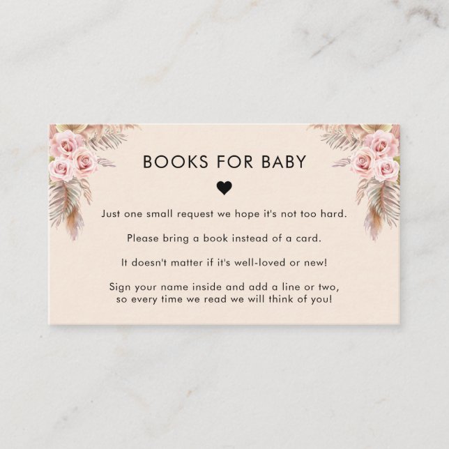 Boho Floral Pampas Grass Books for Baby Shower     Enclosure Card (Front)