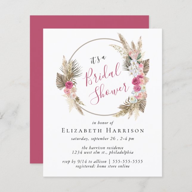 Boho Floral Pampas Grass Bridal Shower Invitation (Front/Back)
