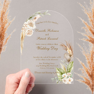 Boho Floral Pampas Grass Earth Tones Wedding Acrylic Invitations