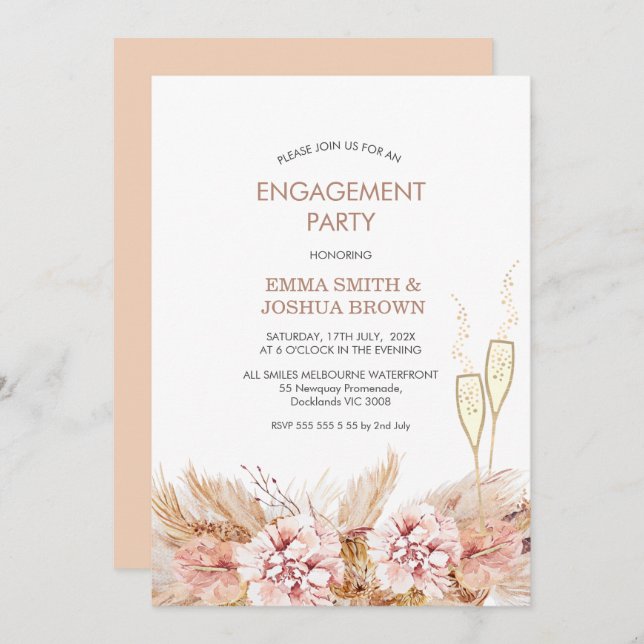 Boho Floral Pampas Grass Glasses Engagement  Invitation (Front/Back)