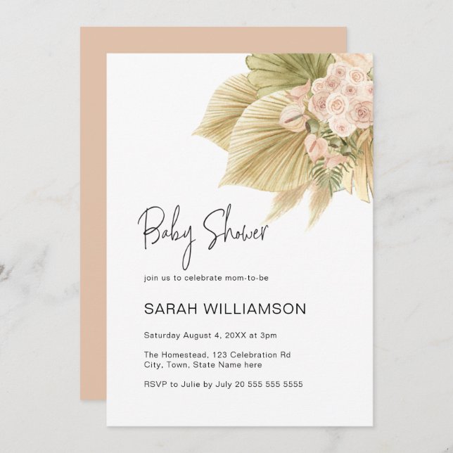 Boho Floral Pampas Grass Palm Blush Baby Shower Invitation (Front/Back)