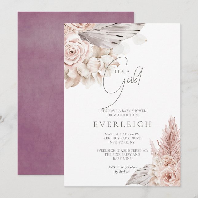 Boho Floral Pampas Grass Palmetto Baby Girl Shower Invitation (Front/Back)