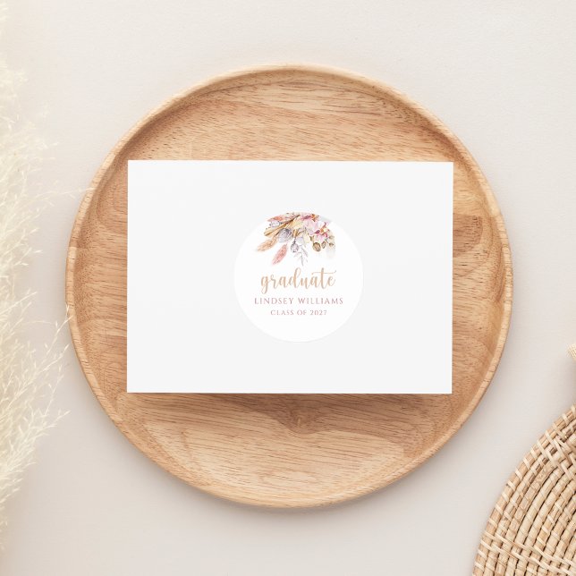 Boho Floral Pampas Grass Personalised Graduation Classic Round Sticker (Creator Uploaded)