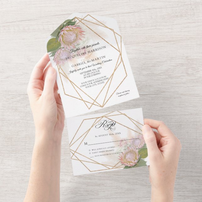 Boho Floral Pampas Grass Protea Geometric Gold All All In One Invitation (Tearaway)
