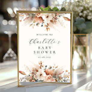 Boho Floral Pampas Grass Rose Beige Welcome Poster