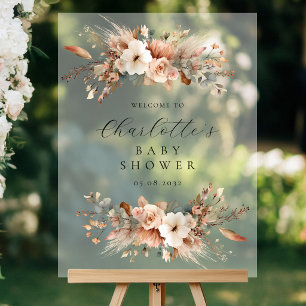 Boho Floral Pampas Grass Rose Welcome Acrylic Sign