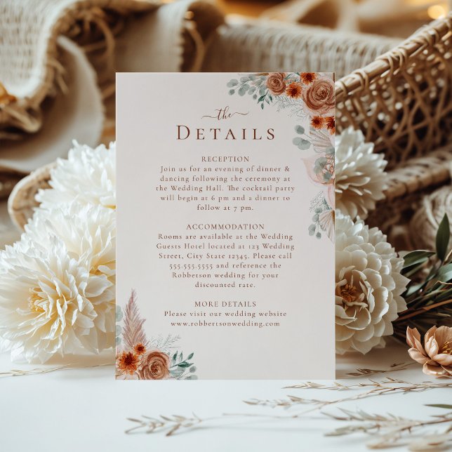 Boho Floral Pampas Grass Wedding Details Card (Boho Floral Pampas Grass Wedding Details Card on a sunny table with boho flower bouquet)