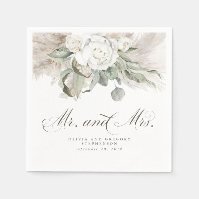 Boho Floral Pampas Grass Wedding Napkin (Front)