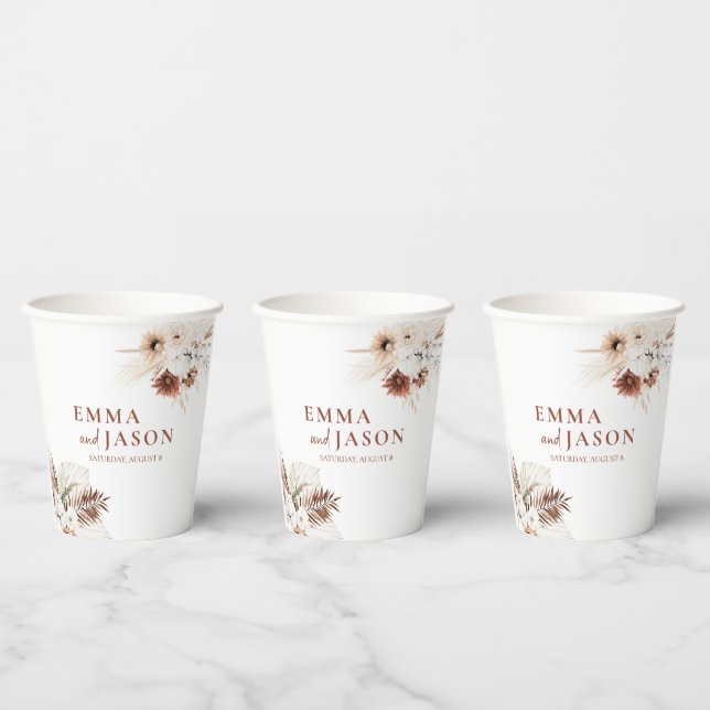 Boho Floral Pampas Grass Wedding Paper Cups (Multi)