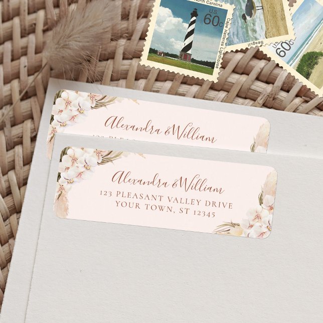 Boho Floral Pampas Grass Wedding Return Address Label (Creator Uploaded)