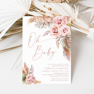Boho Floral Pampas Rose Gold Baby Shower Invitation