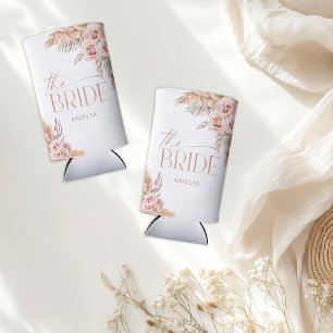 Boho Floral Pampas Rose Gold Bride Seltzer Can Cooler