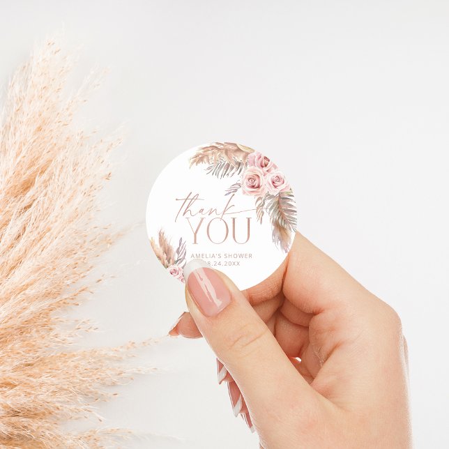 Boho Floral Pampas Rose Gold Thank You Classic Round Sticker (Creator Uploaded)