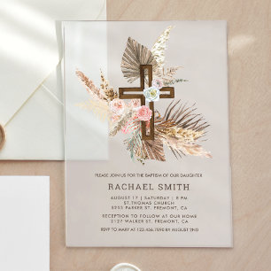Boho Floral Pampas Wood Cross Baptism Acrylic Invitations