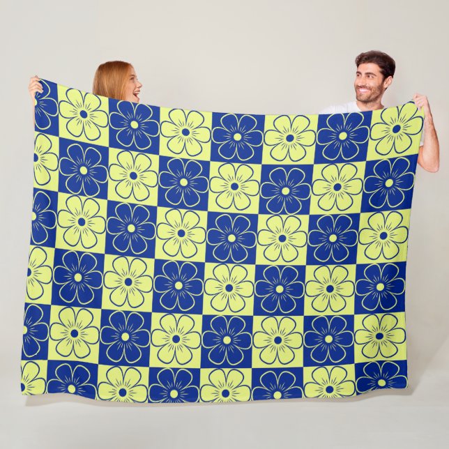 Boho Floral Pattern Blue Yellow Fleece Blanket (In Situ)