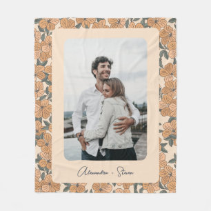 Boho Floral Pattern Custom Couple Photo Name Fleece Blanket