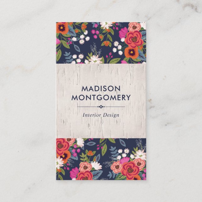 Boho Floral Pattern - Navy Blue & Birch Business Card (Front)