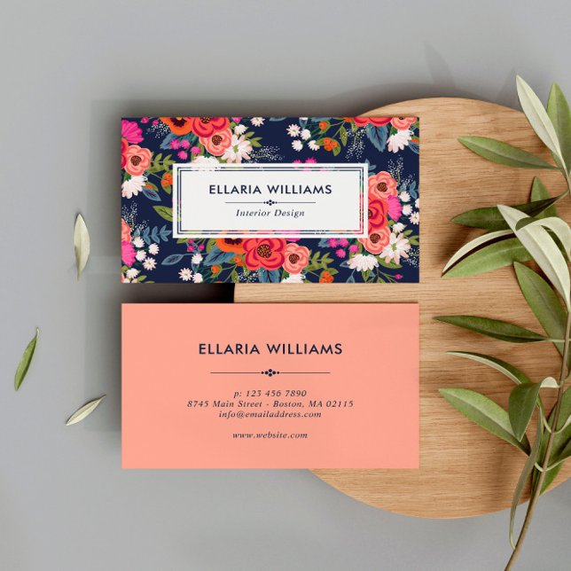 Boho Floral Pattern - Navy Blue & Coral Business Card (Creator Uploaded)