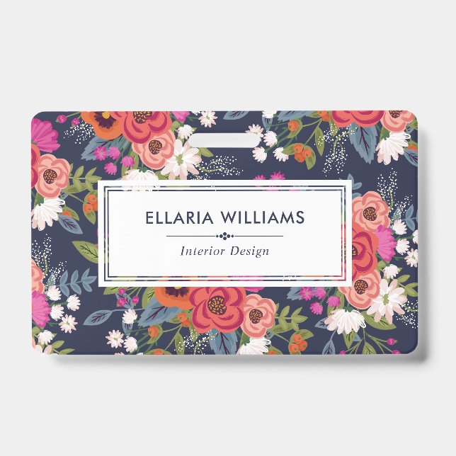 Boho Floral Pattern - Navy Blue & Coral - Name ID Badge (Front)