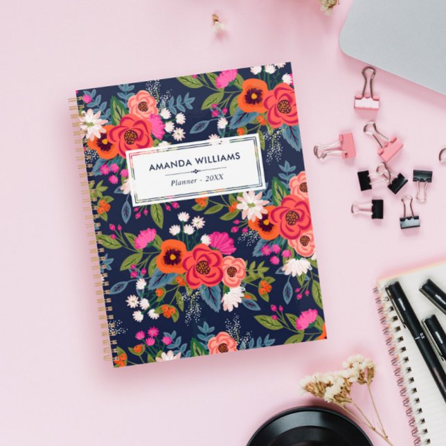 Boho Floral Pattern - Navy Blue & Coral - Name Planner (Creator Uploaded)