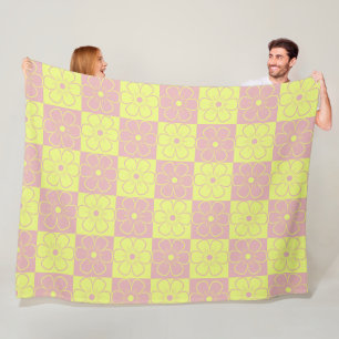 Boho Floral Pattern Pink Yellow Fleece Blanket