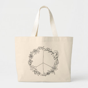 Boho Floral Peace Sign Large Tote Bag