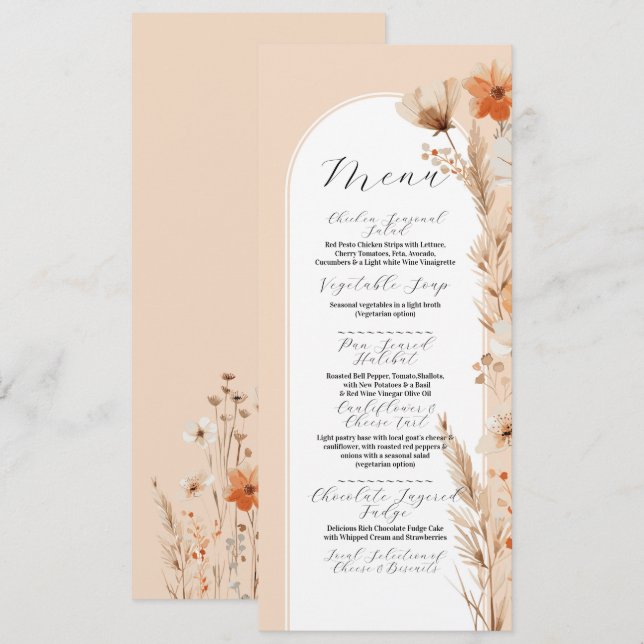 Boho Floral Peach Bohemian Flowers Menu Wedding (Front/Back)
