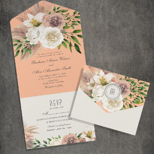 Boho Floral Peach Fuzz Wedding All In One Invitation
