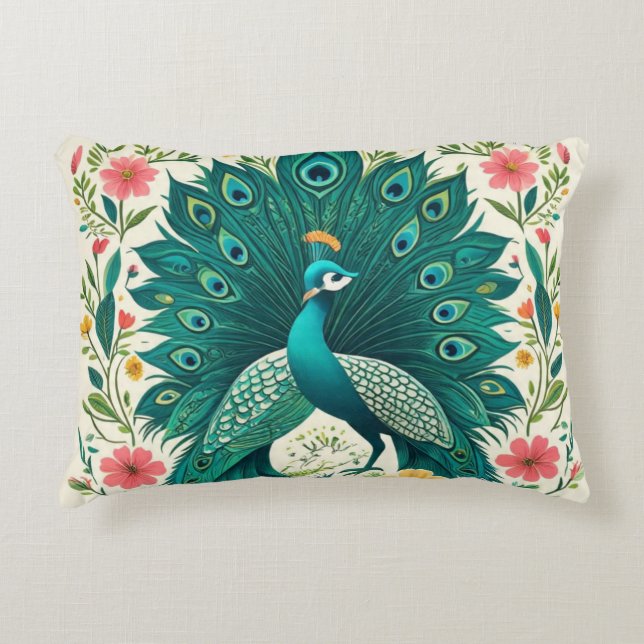 Boho Floral Peacock  Decorative Cushion (Front)