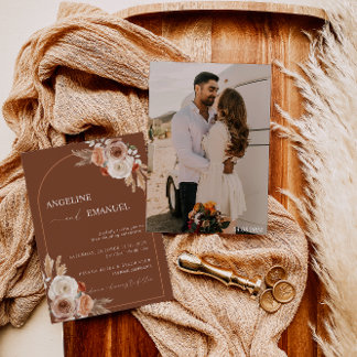 Boho Floral Photo Wedding Invite Pampas Grass