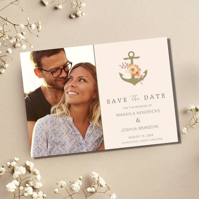 Boho Floral Photo Wedding Save the Date Announcement (Nautical Anchor Boho Photo Wedding Save the Date )