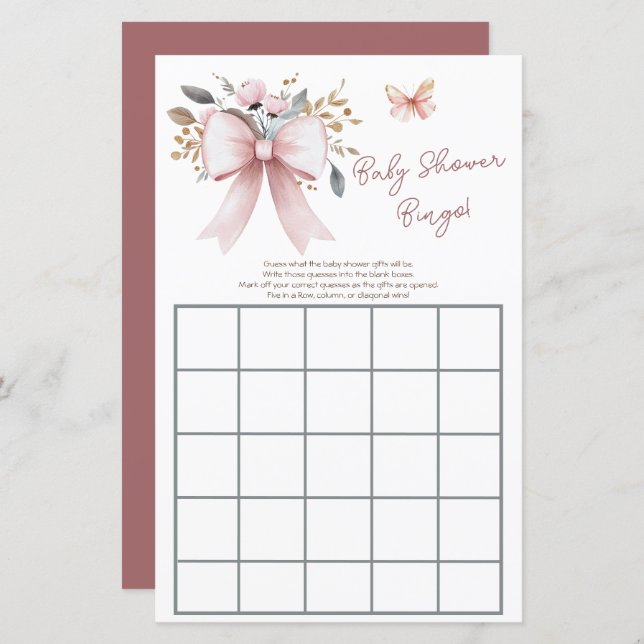 Boho Floral Pink Bow Girl Baby Shower Bingo (Front/Back)