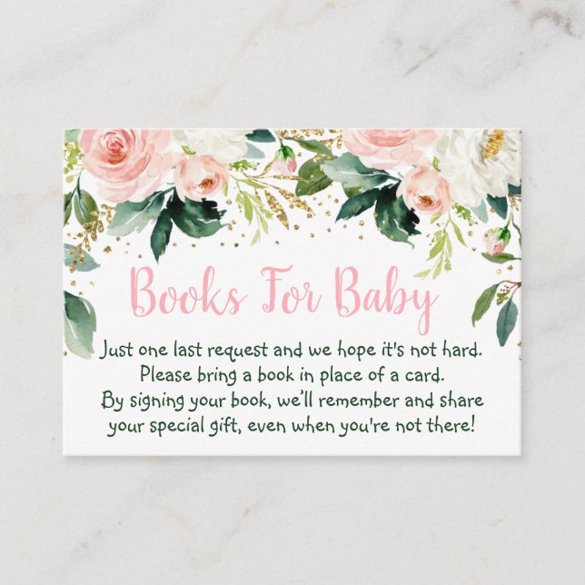 Boho Floral Pink Gold Baby Shower Book Request Enclosure Card (Front)