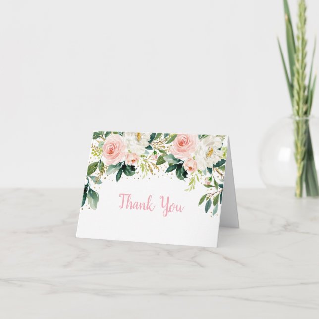 Boho Floral Pink Gold Birthday Thank You Card (Front)
